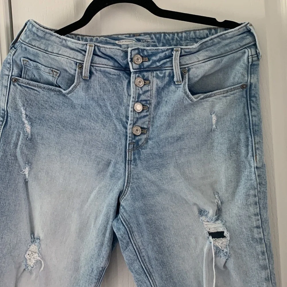Old Navy‎ Power Slim Straight Hi-Rise Jeans sz 12 distressed buttons fly festive